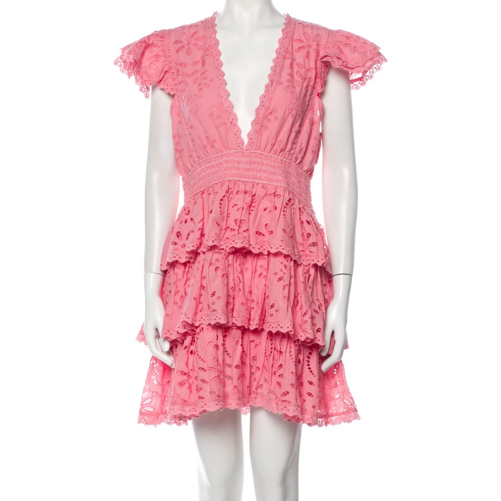 ROCOCO SANDS RETROFETE MINI DRESS NWT pink coral eyelet tiered cinched waist
